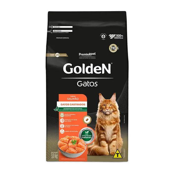 Ração Golden Para Gatos Adultos Castrados Sabor Salmão 3Kg