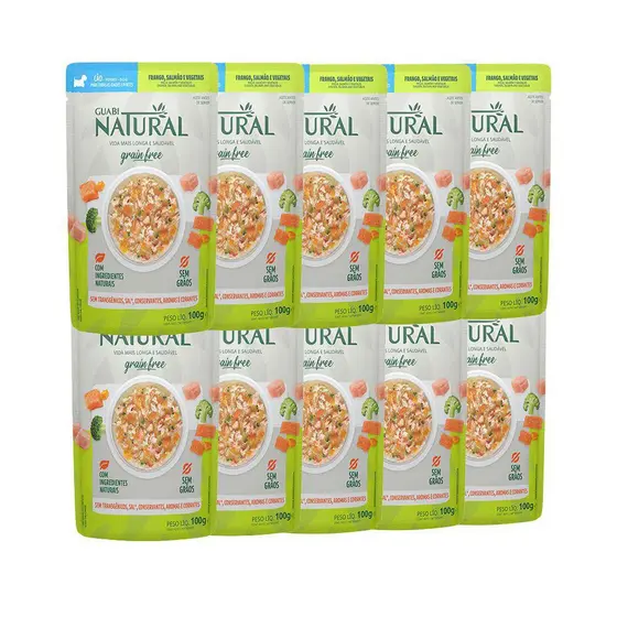 Caixa 18un Ração Úmida Sachê Guabi Natural Grain Free Cães Adultos Salmão Frango e Vegetais 100g