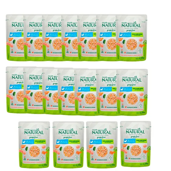 Caixa 18un Ração Úmida Sachê Guabi Natural Grain Free Cães Adultos Frango Salmão 100g