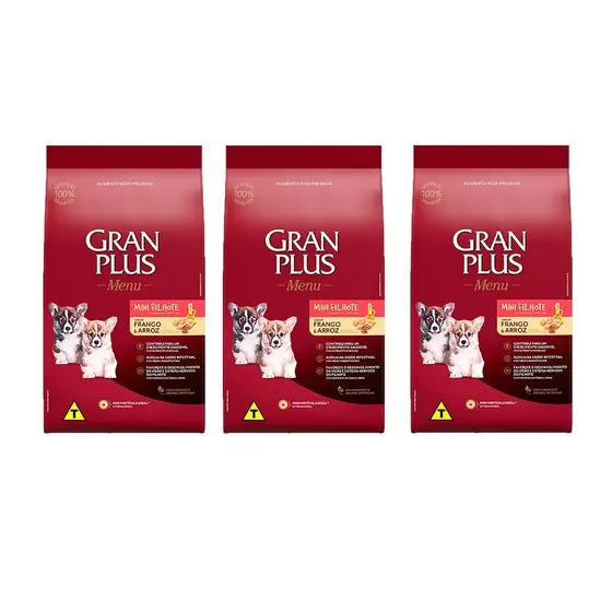 Kit 3un Ração Granplus Menu Para Cães Filhotes De Porte Mini Sabor Frango e Arroz 1kg