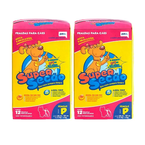 Kit com 2 Fralda Descartável Super Secão Cães Fêmeas 12 Unidades Tam P