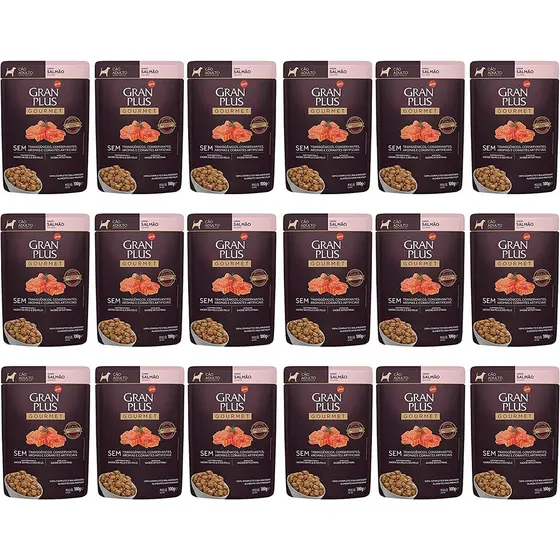 Caixa 18un Ração Úmida Sachê GranPlus Gourmet Cães Adultos Salmão 100g
