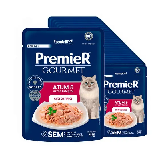 Kit 20un. Ração Úmida Premier Gourmet Gatos Castrados Atum e Arroz Integral 70g