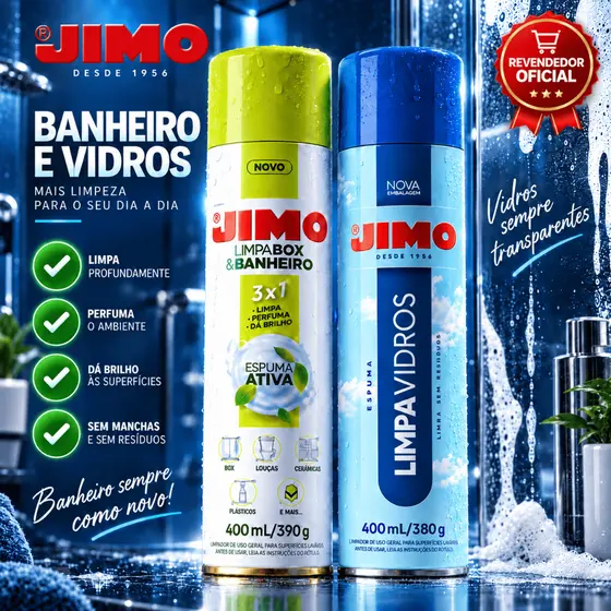 Kit Limpa Vidros Jimo 400ml + Limpa Box e Banheiro Jimo 400ml  Espuma Ativa Spray Blindex Espelho Azulejo Box Encardido