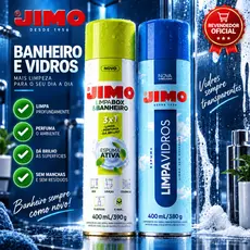 Kit Limpa Vidros Jimo 400ml + Limpa Box e Banheiro Jimo 400ml Espuma Ativa Spray Blindex Espelho Azulejo Box Encardido