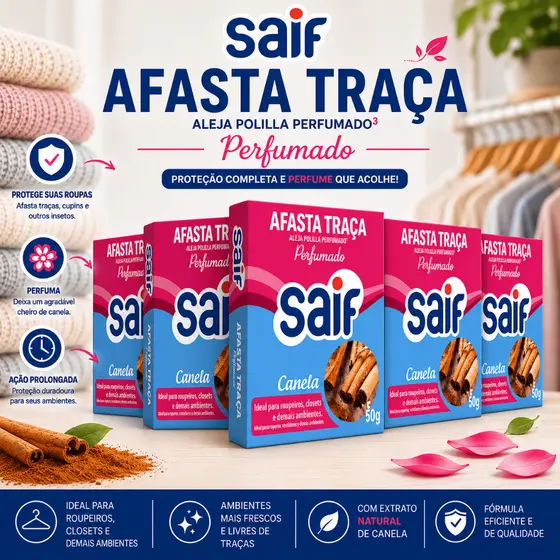Afasta Traça e Mofo Saif Canela 50g - Perfumado - Guarda Roupas,Closet, Gaveta,-1,3,5 Unidades