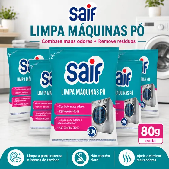 Limpa Máquina Lavar Roupa Saif 80g Sachê Pó · Higieniza Tambor ·Remove Odor Sem Cloro -Kit 1/3/5 Un