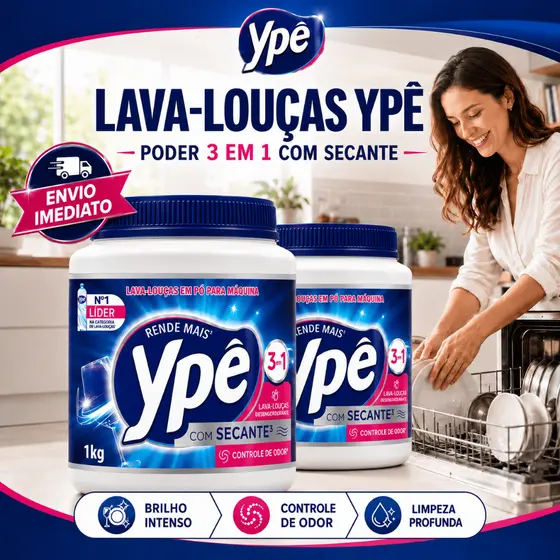 Sabão Ypê Lava Louças em Pó 1Kg para Máquina - Com Secante e Controle de Odor - Limpeza Profunda