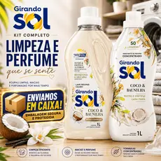 Kit Amaciante Girando Sol Coco e Baunilha 1L + Sabão Líquido Lava Roupas 1L Concentrado Perfumado