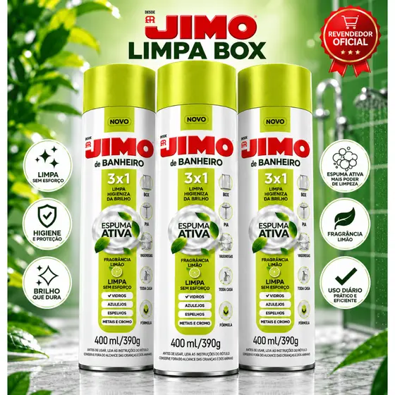 Limpa Box Jimo 400ml Spray - Limpeza 3 em 1 Box Banheiro - Perfuma e Dá Brilho Sem Esforço