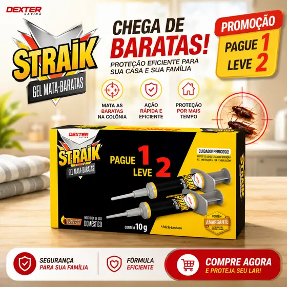 Mata Barata em Gel Straik Dexter Kit 2 Seringas 10g - Elimina Baratas Pequenas Cozinha e Frestas