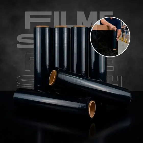 KIT 04 Bobinas Filme Stretch Preto 50cm X 300m