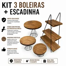 KIT 3 BOLEIRAS E MAIS ESCADINHA FERRO PRETO E MADEIRA RUSTICA