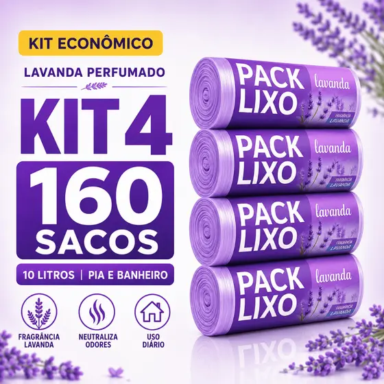Kit 4 Sacos De Lixo Lavanda 10L 160 Sacos 34cm x 40cm Pia Banheiro Perfumados Neutraliza Odores Resistente