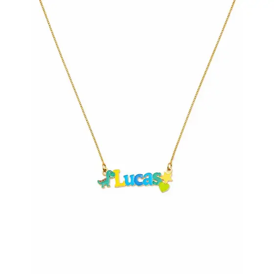 Colar Personalizado Infantil Nome Masculino Colorido Dinossauro Banhado a Prata 925 e Ouro 18k