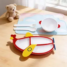 Kit Alimentação Prato com divisoria Avião Divisória Bowl e Talheres Infantil