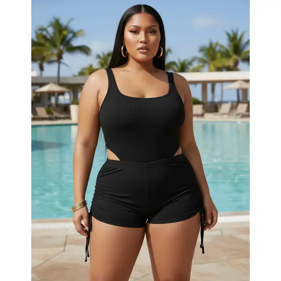 Kit Maiô E Short Plus Size Forrado Canelado Praia Ajustável