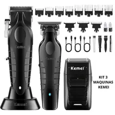 Kit Kemei Máquina de Cortar Cabelo + Acabamento + Shaver Barbeador KM-2296 KM-2299 KM-1102
