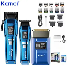 Máquinas de Cortar Cabelo KEMEI Profissional Corte + Acabamento + Shaver 9000RPM Com Visor - BIVOLT