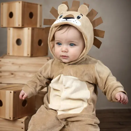 Macacão Para Bebê Em Plush Com Capuz Bordado De Leão Bege