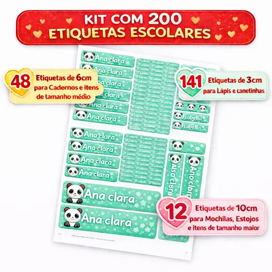 Kit 200 Etiquetas Escolares Adesivas Vinil À Prova D'água Personalizada com Nome | Caderno, Lápis, Mochila, Estojo | Div