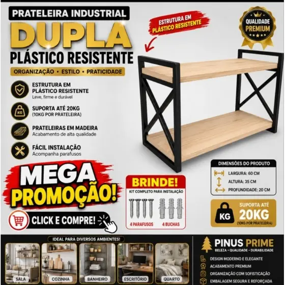 Prateleira Industrial Multiuso 2 Andares em Madeira e Plástico- Organizador Decorativo p/Sala,Quarto,Cozinha, banheiro
