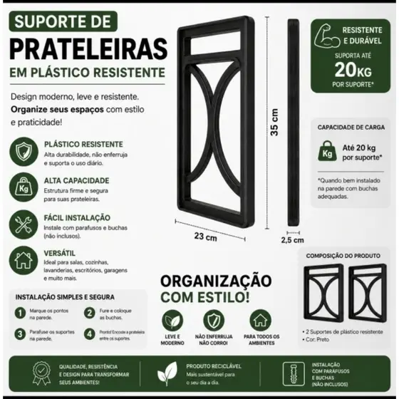 Kit 2 Suportes Decorativos Premium 35x23 cm para Prateleiras 20 cm | Resistente | Sala, Cozinha, Banheiro e Escritório