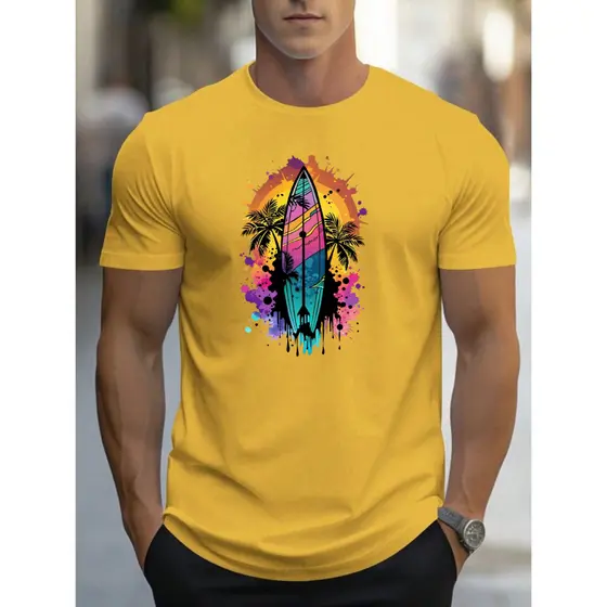 Camiseta de Algodao Unissex Stretwer Moda Casual Surf Vibes – Estampa de Prancha de Surf