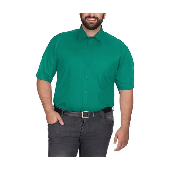 Camisa Social Masculina Plus Size Manga Curta Verde Lisa Microfibra com Elastano Trabalho Uniforme Extra Grande