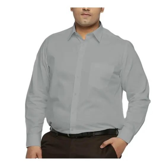 Camisa Social Masculina Plus Size Manga Longa Cinza Claro Lisa Microfibra com Elastano Trabalho Uniforme Extra Grande