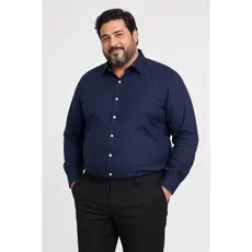 Camisa Social Masculina Plus Size Manga Longa Azul Marinho Lisa Microfibra com Elastano Bolso Uniforme Extra Grande