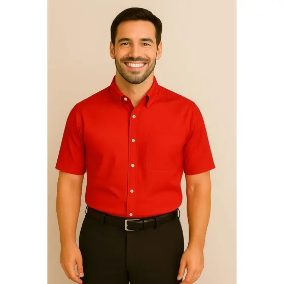 Camisa Social Masculina Manga Curta Vermelha Lisa Microfibra com Elastano Trabalho Uniforme Escritório Profissional