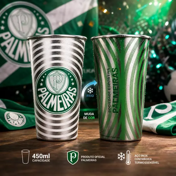 Copo de Inox do Palmeiras 450ml Muda de Cor - Copo de Cerveja Mágico 450ml Presente Oficial