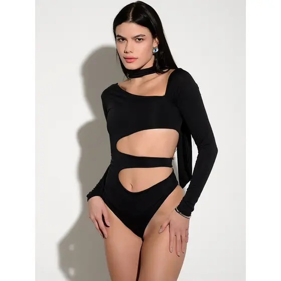 Body Feminino com Recorte Vazado Lateral Gola Faixa Removíve Multiformas Manga Longa Estilo Gringa Tik Tok c