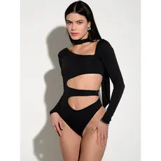 Body Feminino com Recorte Vazado Lateral Gola Faixa Removíve Multiformas Manga Longa Estilo Gringa Tik Tok c