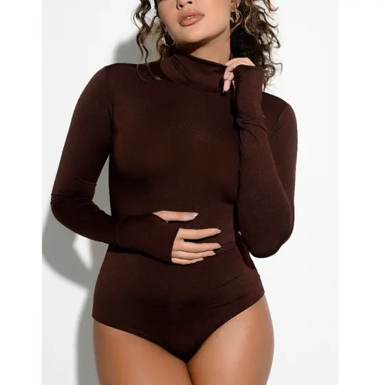 BODY Feminino Gola Alta Com Dedeira Aberto no Dedão Manga Longa Forro Duplo