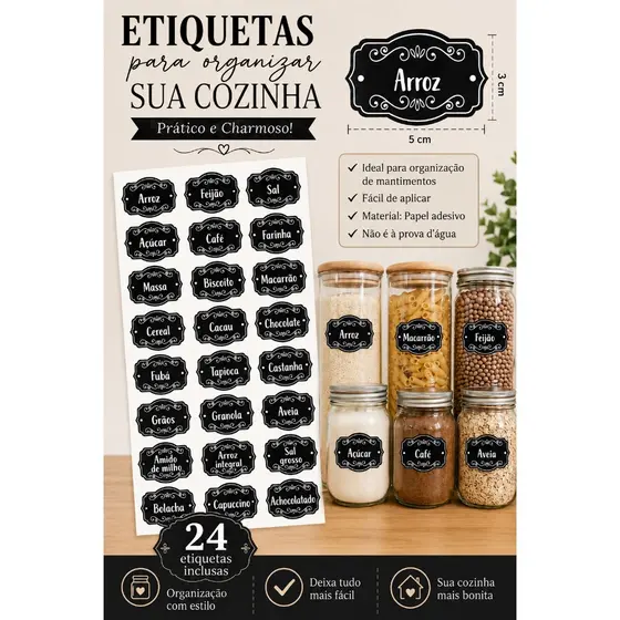 Etiquetas Adesivas Mantimentos 5x3cm 24 Unidades Impressão Etiquetas para Potes Organização Cozinha