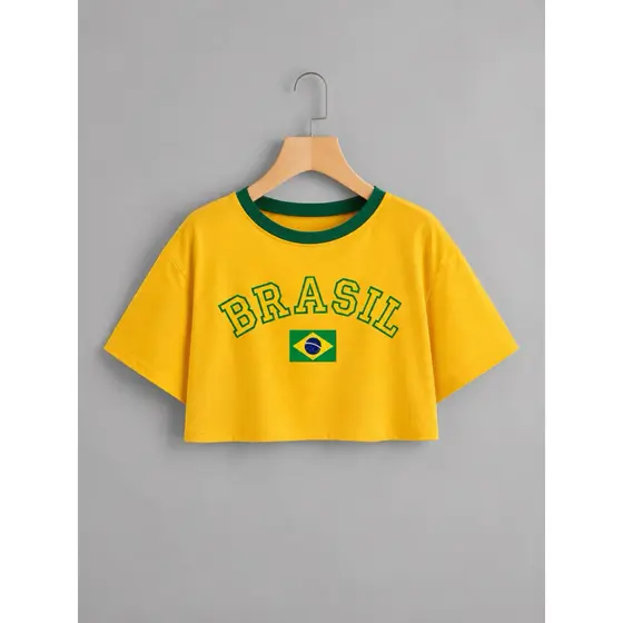 Cropped Brasil Feminino Torcedor 100% Algodão
