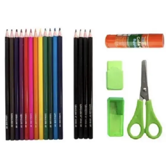 Kit Escolar Caixa de Lápis de Cor C/12 + 4 Lápis de Escrever + 1 Borracha + Apontador + Cola Bastão 10g Tesoura Verde - Leo&leo