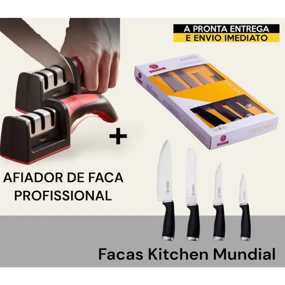 Kit Jogo de Facas Kitchen Mundial 4 Peças em Aço Inox Preto +Afiador De Facas Em Aço Inox Profissional Com 3 Afiador