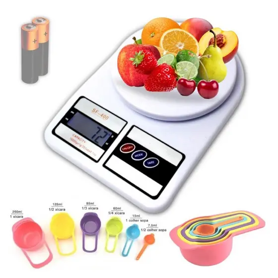Só Hoje - Balança Digital De Precisão 1g À 10kg Cozinha + Kit 6 Medidores De Cozinha + Pilhas