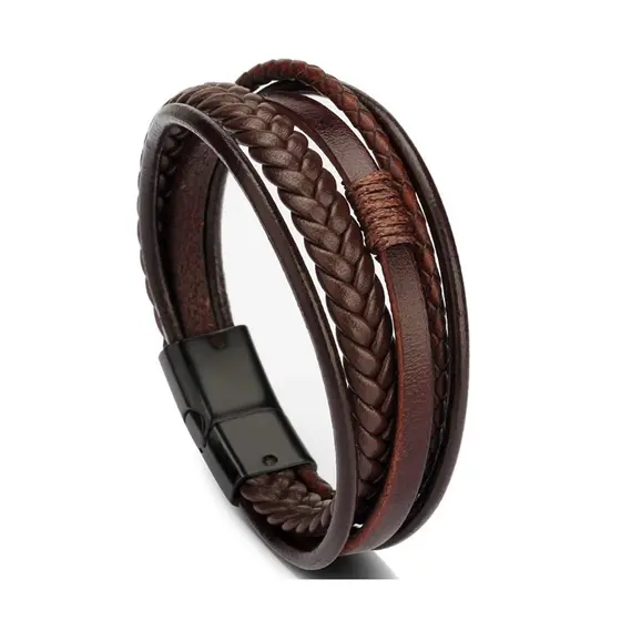 Bracelete Pulseira Masculina de Couro Multi Camadas 20cm