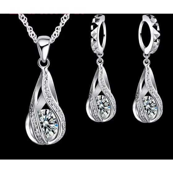 Conjunto de Brincos e Colar Feminino 45cm em Prata Esterlina 925 com Pingente Gota de Água Pedras Zircão