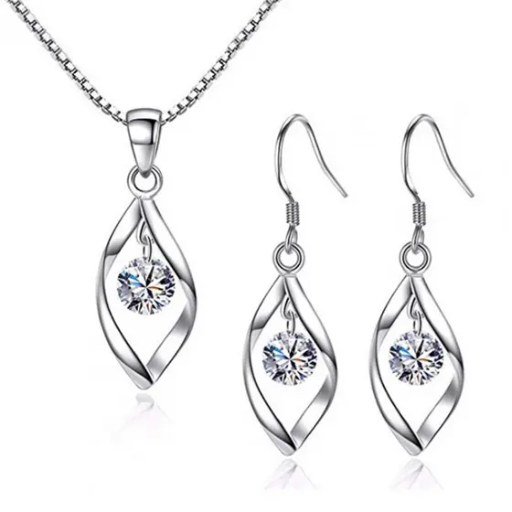 Conjunto de Brincos e Colar Feminino em Prata Esterlina 925 com Pingente Gota de Água Pedras Zircão 45cm