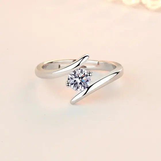Anel Feminino de Prata Esterlina 925 Ajustável com Zircônia Cúbica Branca Brilhante