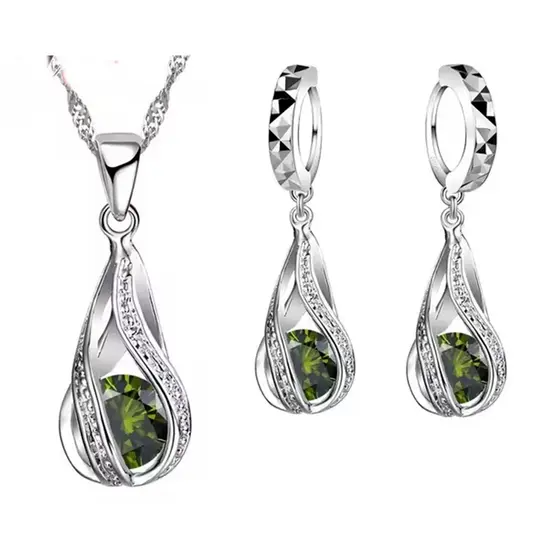 Conjunto Feminino de Brincos e Colar em Prata Esterlina 925 com Pingente Gota de Água Pedras Zircão 45cm