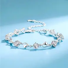 Pulseira Bracelete Feminina Corações em Prata Esterlina 925 Pedras Zircão