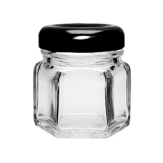 Pote de Vidro Sextavado com Tampa de Metal Preta - 35ml - 5x4,5cm - 01 unidade - Rizzo