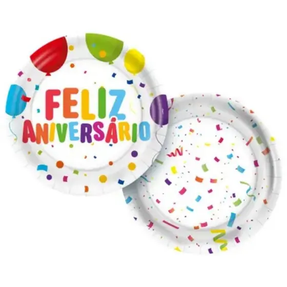 Prato de Papel Redondo - Feliz Aniversário - 18cm - 8 unidades - Regina - Rizzo