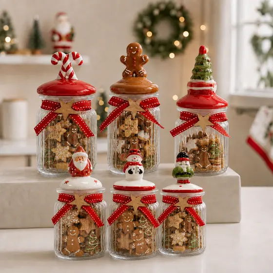 Potes de Vidro Natalinos 300mL - Porta Biscoitos Porta Doces Bomboniere Decoração de Natal com Tampa Decorada
